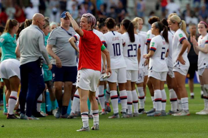 United States' Megan Rapinoe, front, celebrates at the end of the Women's World Cup round of 16 ...