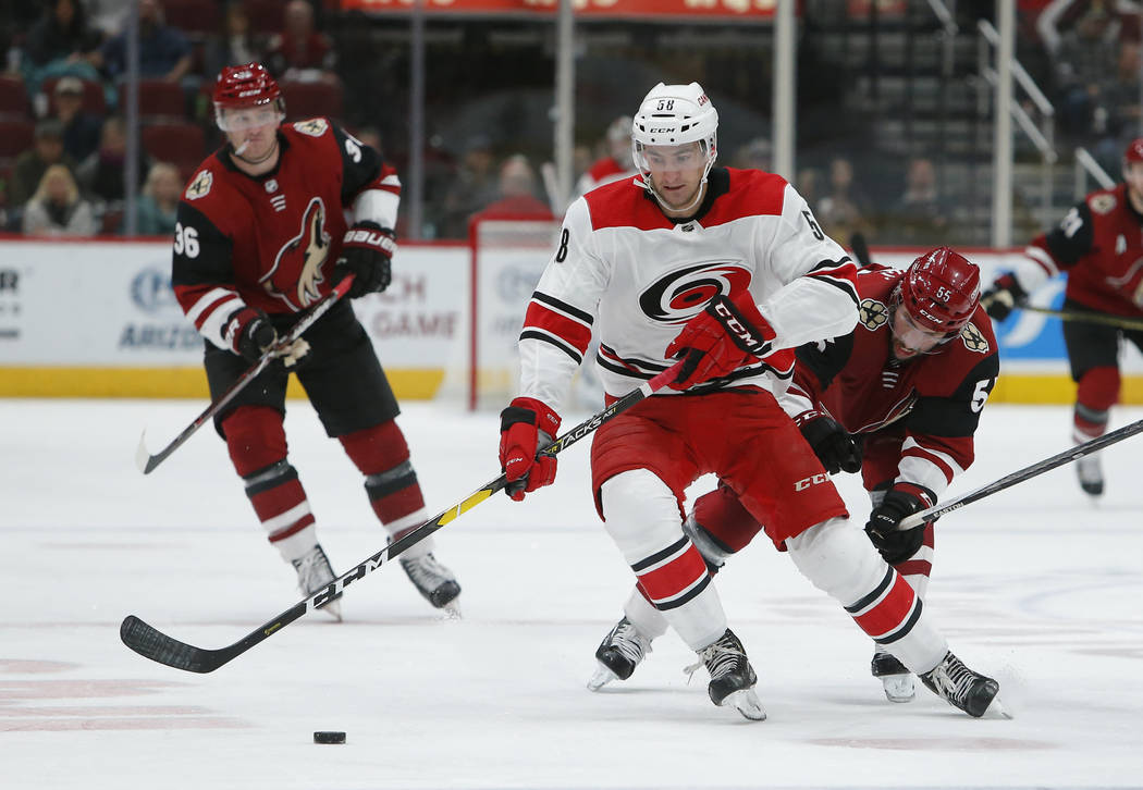 Carolina Hurricanes center Nicolas Roy (58) during an NHL hockey game against the Arizona Coyot ...