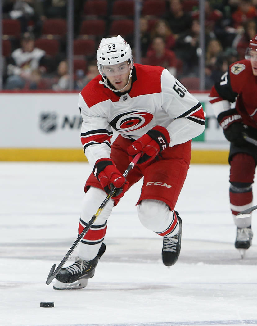 Carolina Hurricanes center Nicolas Roy (58) during an NHL hockey game against the Arizona Coyot ...