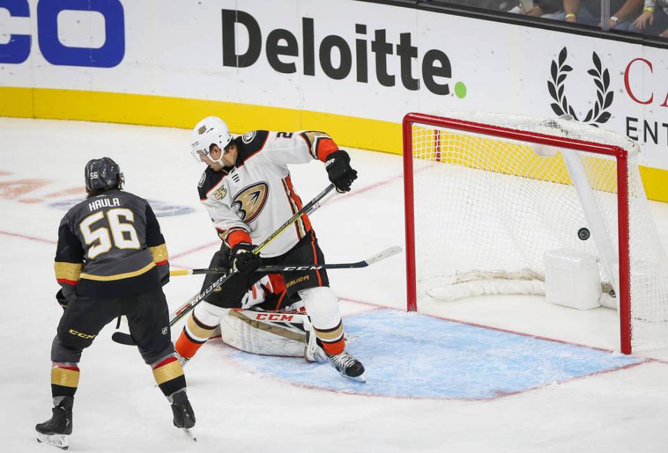 Vegas Golden Knights left wing Erik Haula (56) scores on the Anaheim Ducks during the second pe ...