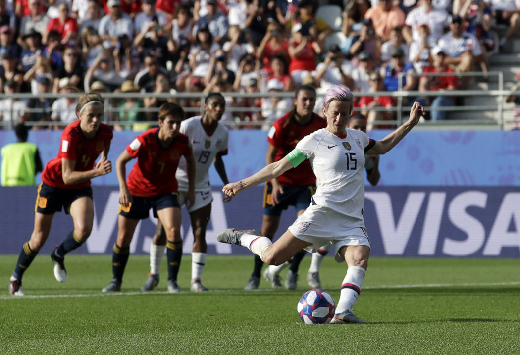 United States'Megan Rapinoe scores her side's second goal from a penalty spot during the Women' ...