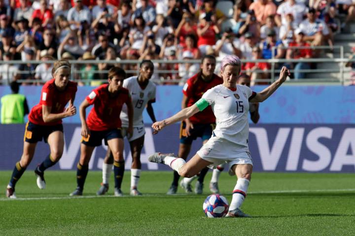 United States' Megan Rapinoe scores her side's second goal from a penalty spot during the Women ...
