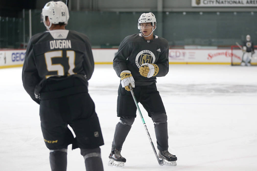 Vegas Golden Knights Marcus Kallionkieli (53), right, during development camp at City National ...