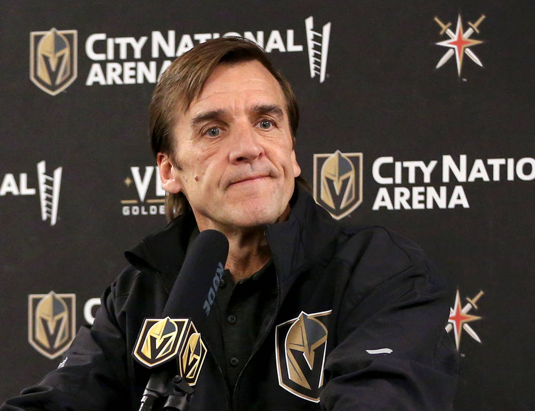 Vegas Golden Knights General Manager George McPhee speaks during a news conference at City Nati ...