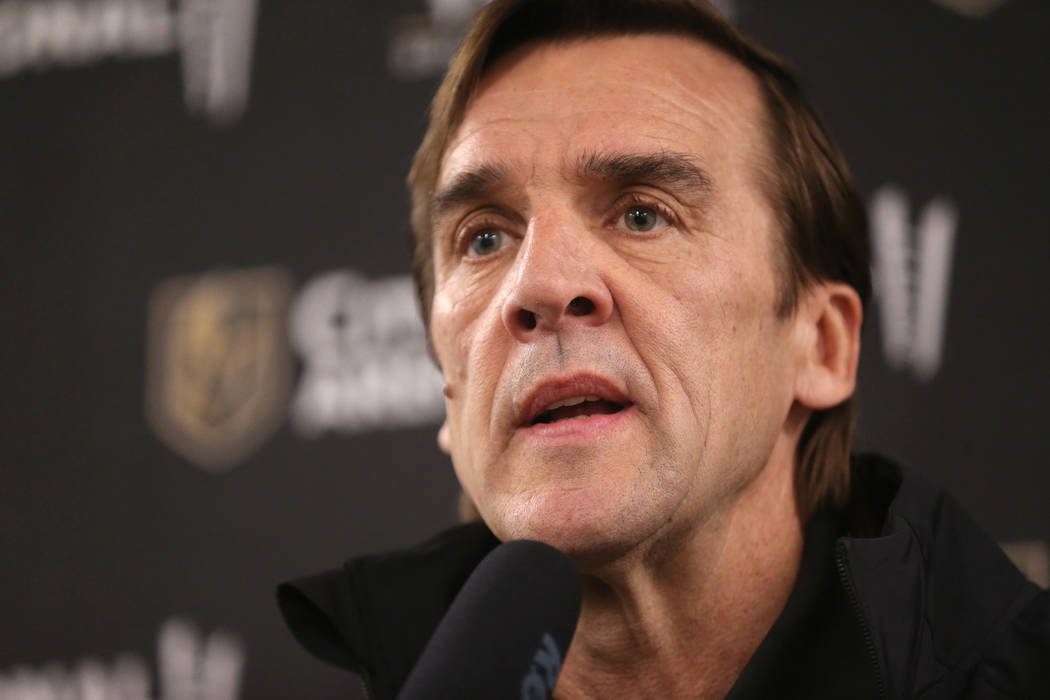 Vegas Golden Knights General Manager George McPhee speaks during a news conference at City Nati ...