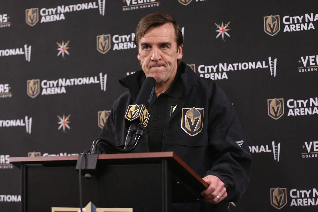 Vegas Golden Knights General Manager George McPhee speaks during a news conference at City Nati ...