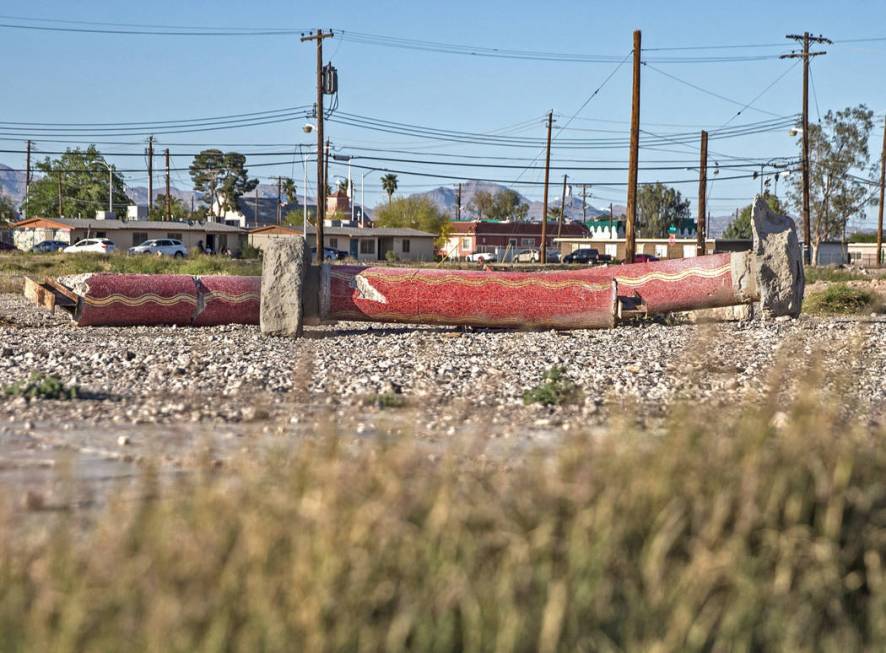 A trio of red mosaic columns are among the few relics left of the Moulin Rouge on Friday, April ...