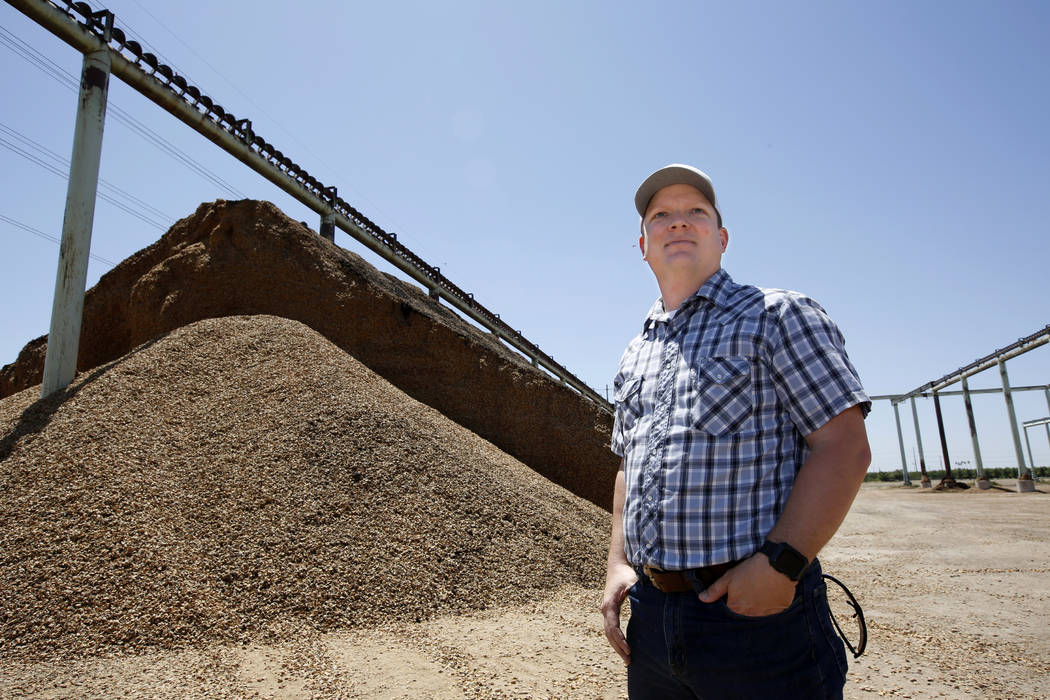 In this Friday June 21, 2019 photo, almond farmer Jake Wenger, assistant manager at Salida Hull ...