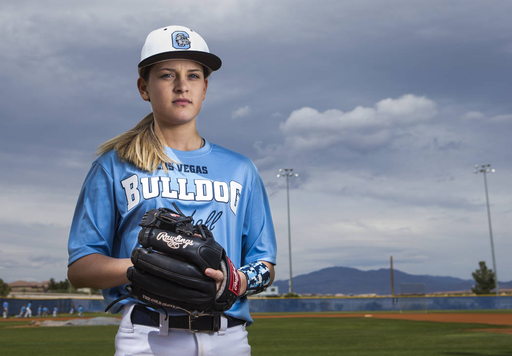 Centennial sophomore Denae Benites on the baseball field at Centennial High School in Las Vegas ...