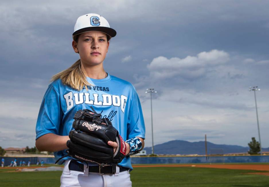 Centennial sophomore Denae Benites on the baseball field at Centennial High School in Las Vegas ...