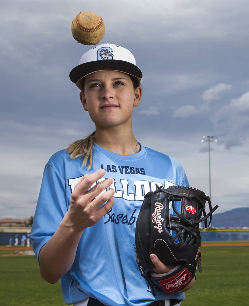 Centennial sophomore Denae Benites on the baseball field at Centennial High School in Las Vegas ...