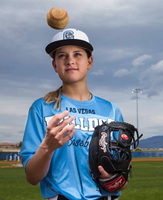 Centennial sophomore Denae Benites on the baseball field at Centennial High School in Las Vegas ...