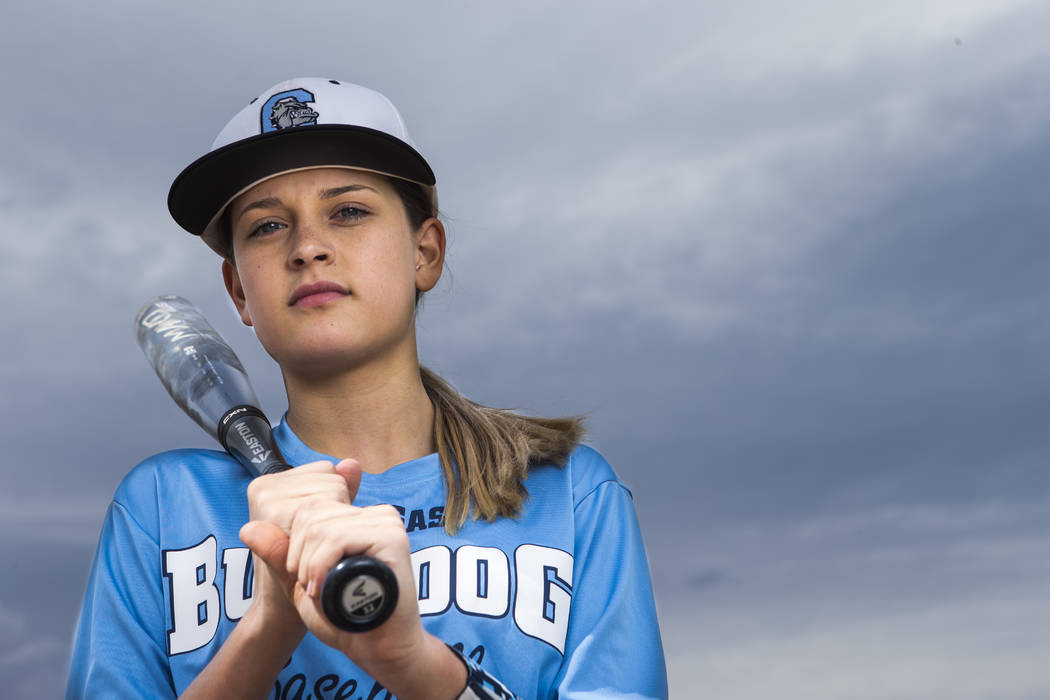 Centennial sophomore Denae Benites on the baseball field at Centennial High School in Las Vegas ...