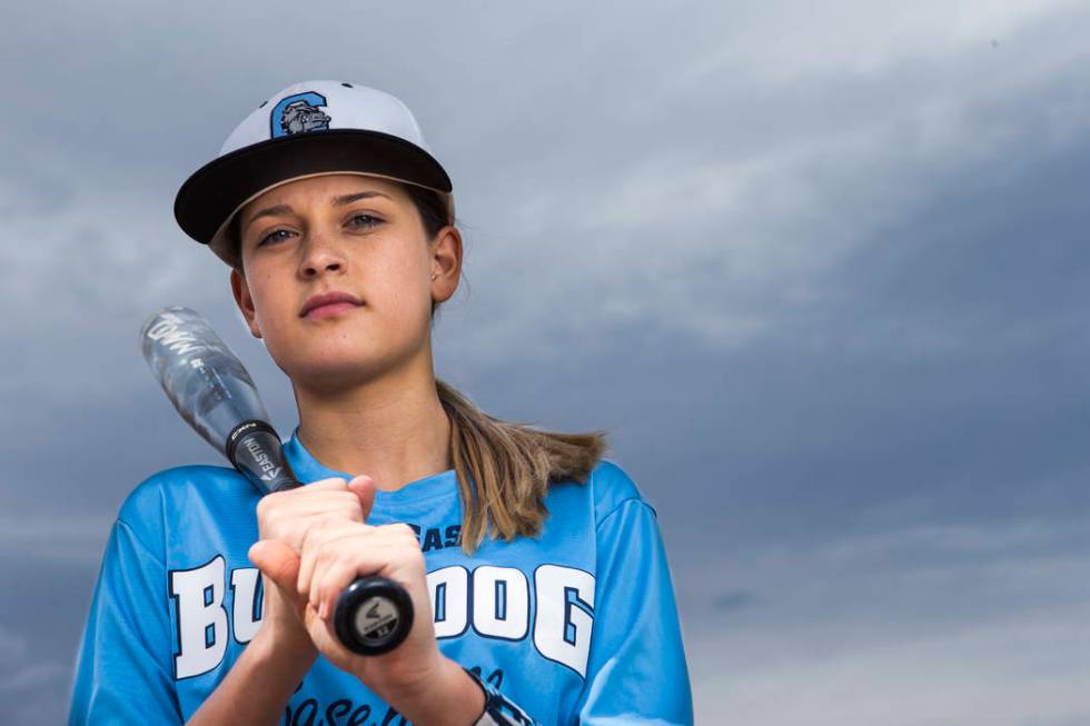 Centennial sophomore Denae Benites on the baseball field at Centennial High School in Las Vegas ...