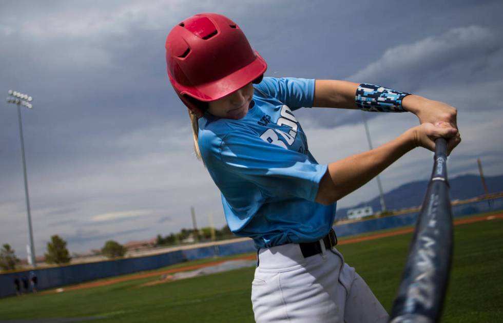 Centennial sophomore Denae Benites on the baseball field at Centennial High School in Las Vegas ...