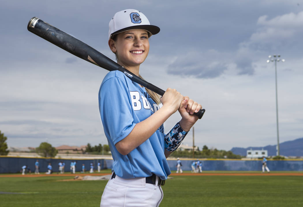 Centennial sophomore Denae Benites on the baseball field at Centennial High School in Las Vegas ...