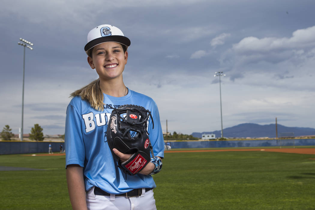 Centennial sophomore Denae Benites on the baseball field at Centennial High School in Las Vegas ...