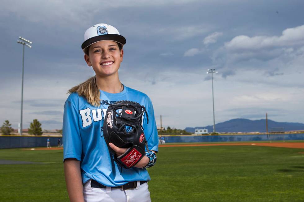 Centennial sophomore Denae Benites on the baseball field at Centennial High School in Las Vegas ...