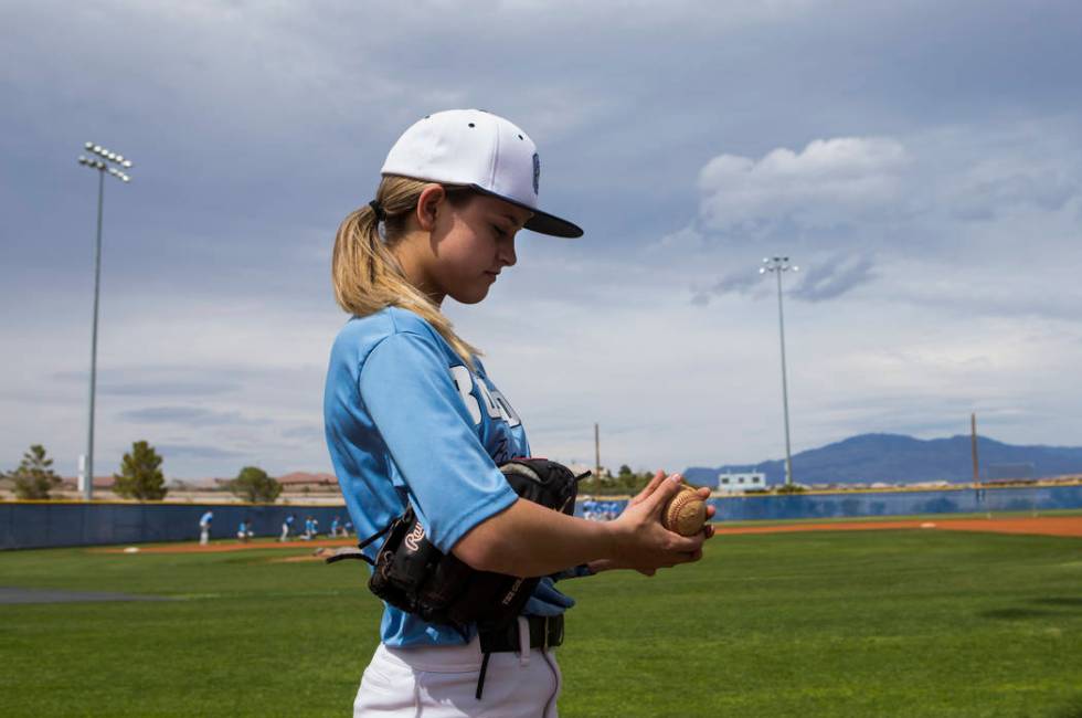 Centennial sophomore Denae Benites on the baseball field at Centennial High School in Las Vegas ...