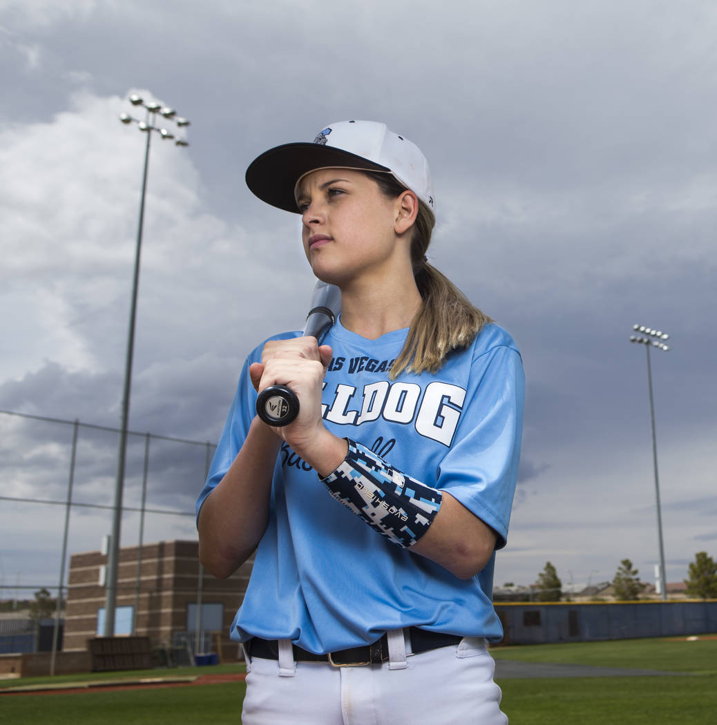 Centennial sophomore Denae Benites on the baseball field at Centennial High School in Las Vegas ...