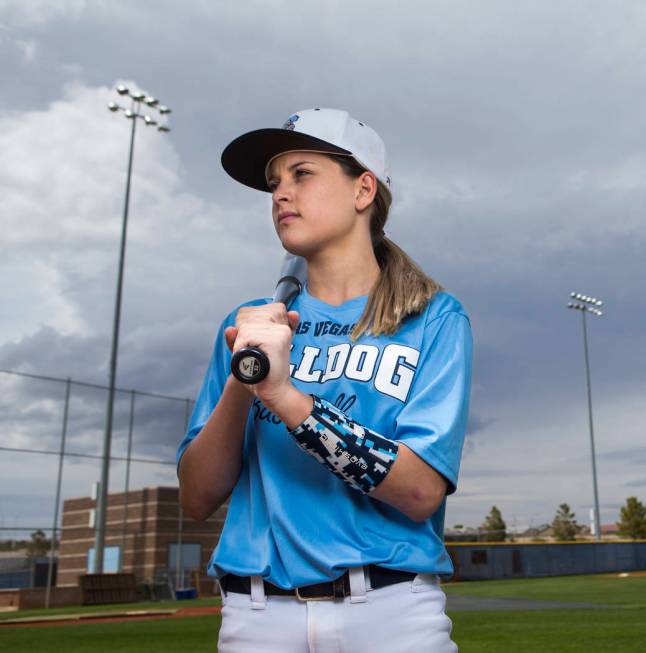 Centennial sophomore Denae Benites on the baseball field at Centennial High School in Las Vegas ...