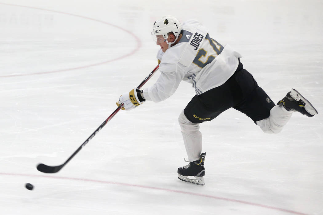 Vegas Golden Knights Ben Jones (64) takes a shot during development camp at City National Arena ...