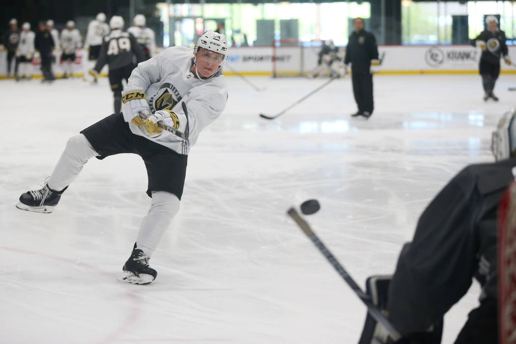 Vegas Golden Knights Ben Jones (64) takes a shot during development camp at City National Arena ...