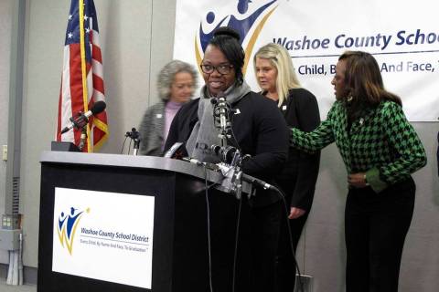 Traci Davis, superintendent of the Washoe County School District, speaks to reporters Thursday, ...