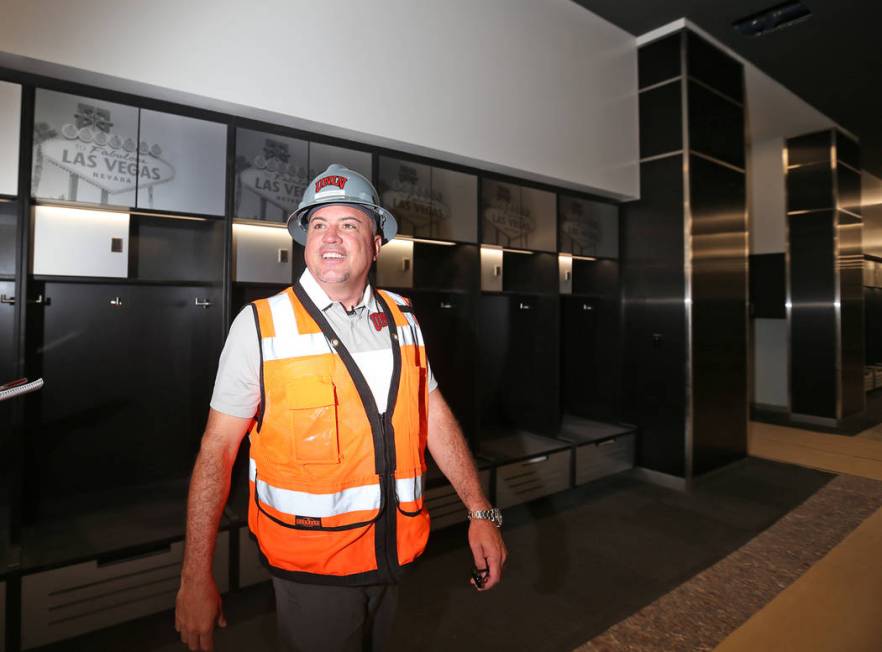 Coach Tony Sanchez leads a tour for the Review-Journal at the new UNLV Fertitta Football Comple ...