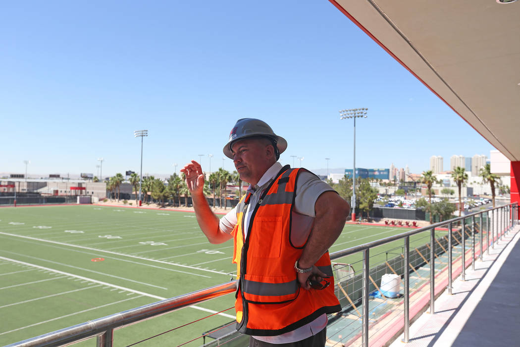Coach Tony Sanchez leads a tour for the Review-Journal at the new UNLV Fertitta Football Comple ...