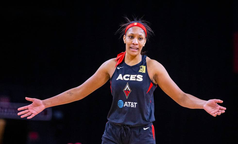 Las Vegas Aces forward A'ja Wilson (22) is pleased with her performance over the Indiana Fever ...