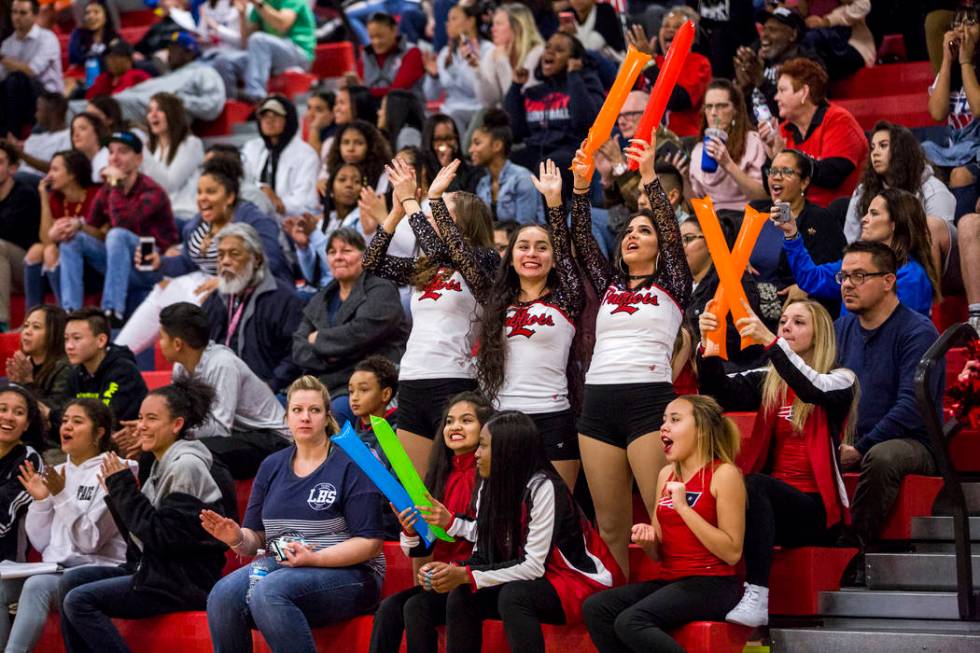 Liberty fans cheer after a point during a game against Coronado at Liberty High School on Tu ...