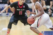 Point guard Skylar Mays (11) of Mo Williams Elite plays defense during the Las Vegas Fab 48 ...