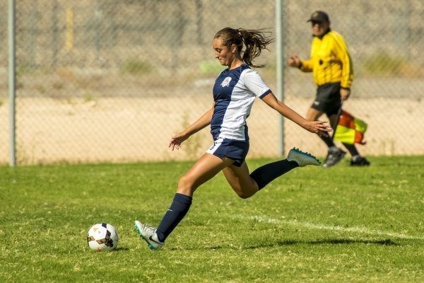 Katherine Ballou (6) of the Foothill Falcons kicks the ball downfield against the Silverado ...