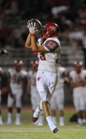 Arbor View wide receiver Deago Stubbs catches a touchdown pass against Green Valley in the s ...