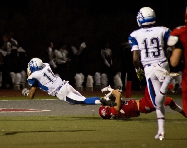 Arbor View High School running back Curtis Jones takes the ball downfield for a touchdown ag ...