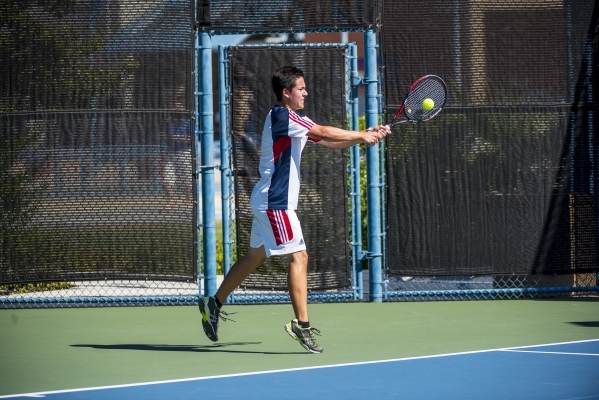 Kyle Harris of Coronado High School hits a backhand against Mackay Boman of Green Valley Hig ...