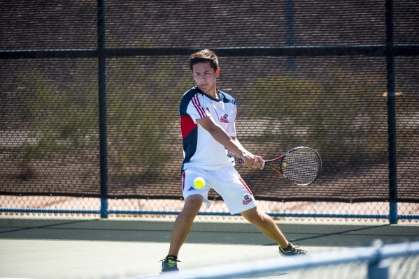 Kyle Harris of Coronado High School hits a backhand against Mackay Boman of Green Valley Hig ...