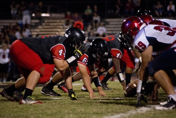 Las Vegas High School‘s defense lines up in front of Coronado High School‘s Offe ...