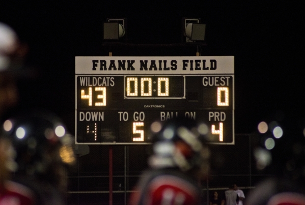 The score is seen after Las Vegas High School beat Coronado High School 43 to zero after pre ...