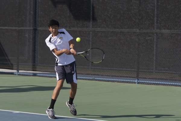 Michael Pasimio of Ed W. Clark High School plays against South Tahoe High School during the ...