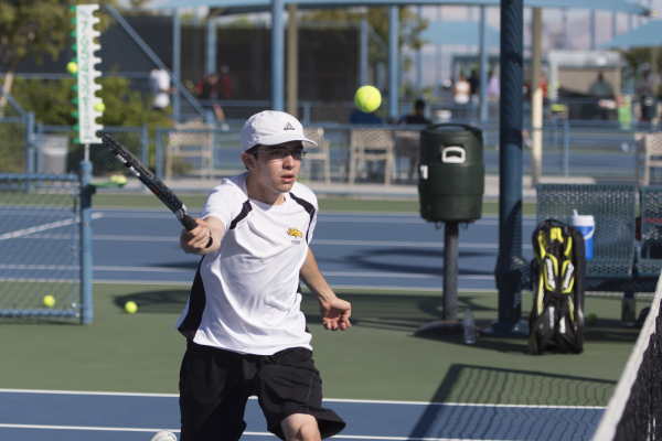 Derek Stratton of Ed W. Clark High School plays against South Tahoe High School during the D ...