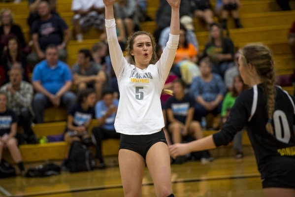 Hayley Huntsman of Bonanza celebrates during a volleyball match against Centennial High Scho ...