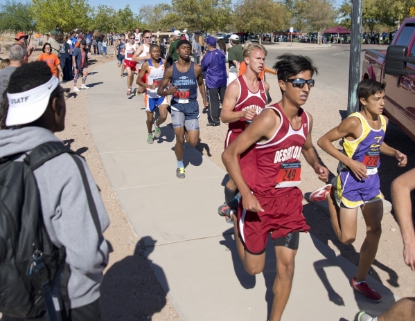 Runners compete during the boys Division I Sunset cross country regional finals at Veterans ...