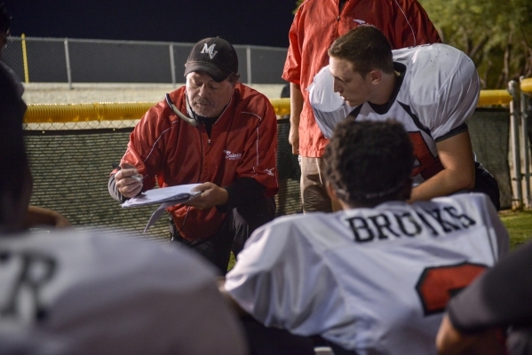 Mountain View Christian High School head football coach Ray LeBeouf draws up plays with play ...