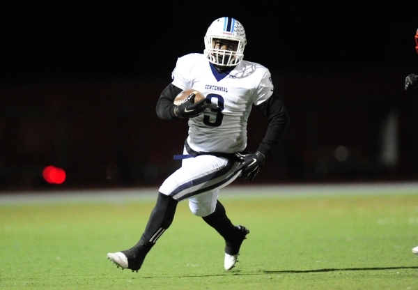 Centennial running back Rhamondre Stevenson rushes against Arbor View in the first half of t ...