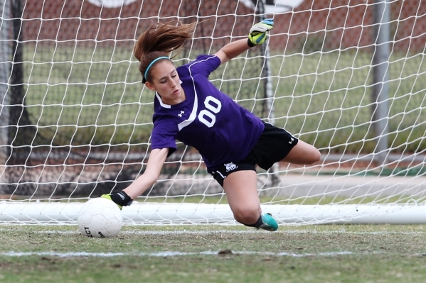 Palo Verde‘s Savanah Ornelas (00) stops the ball during a penalty kick against Legacy ...