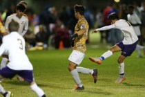 Durango‘s Christopher Bramasco (13) kicks the ball for a goal and to win the game in e ...