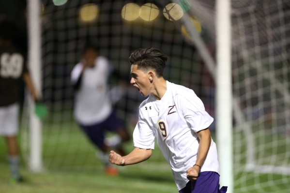 Durango‘s Jaime Munguia (9) reacts after scoring a goal against Bonanza in their Sunse ...