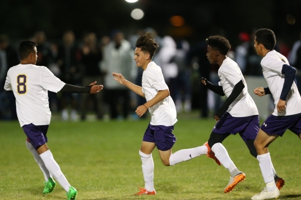 Durango‘s Jaime Munguia (9), second from left, celebrates his goal with his teammates ...